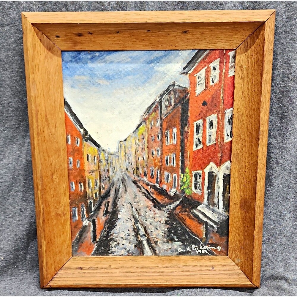 1963 Oil Painting Signed Framed Elfreth's Alley Phillidelphia 13x10.5